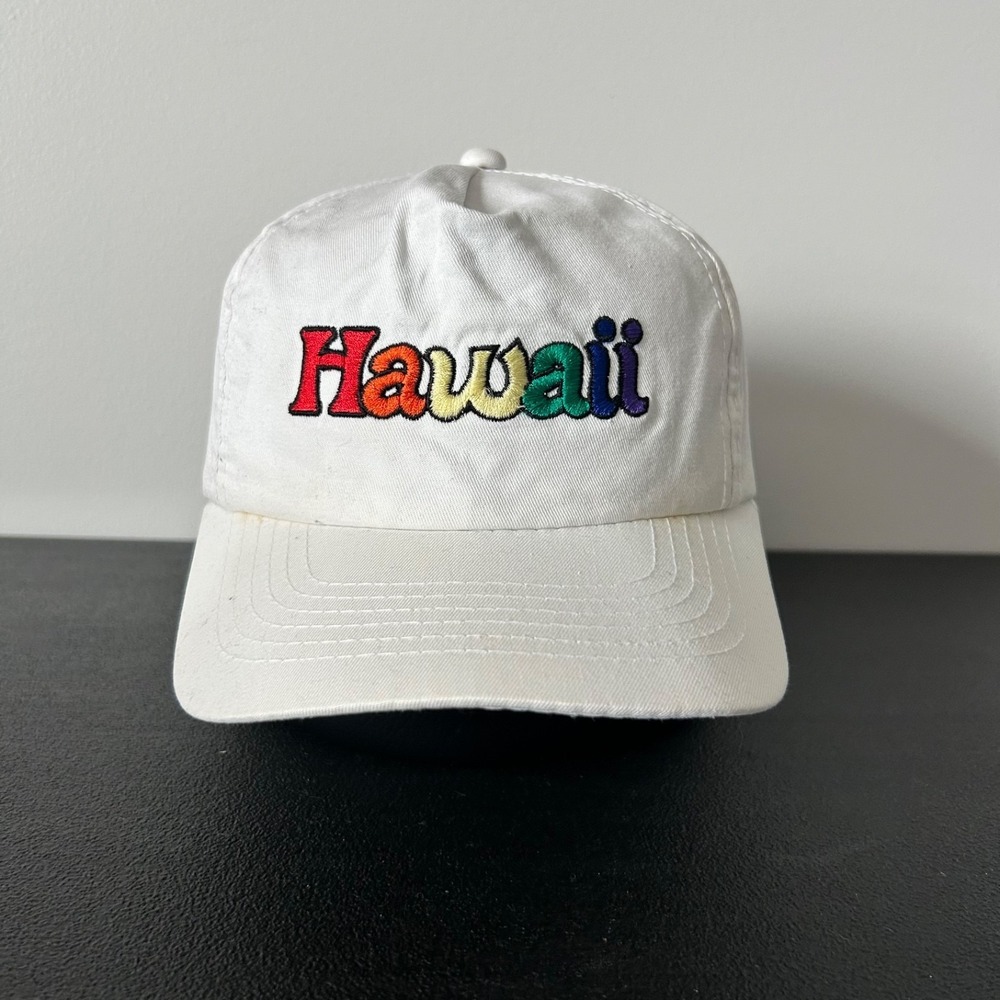 Vintage 90s‎ Hawaii Hat Cap Snap Back Adjustable White Rainbow Spell Out Adult